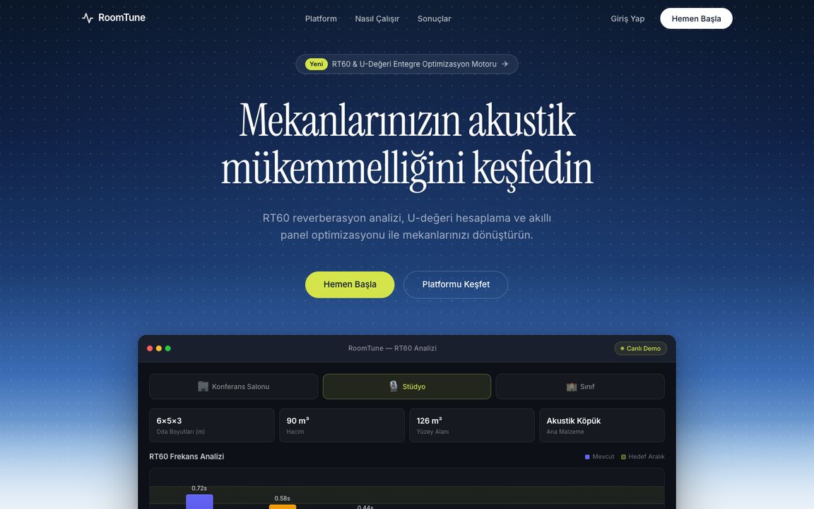 RoomTune ana sayfası: mekân akustiği ve ısı yalıtımı optimizasyon platformu