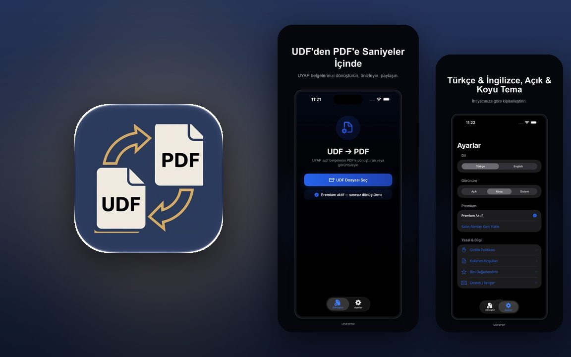 UDF2PDF iOS uygulaması: UYAP UDF belgelerini PDF'e dönüştürme ekranları
